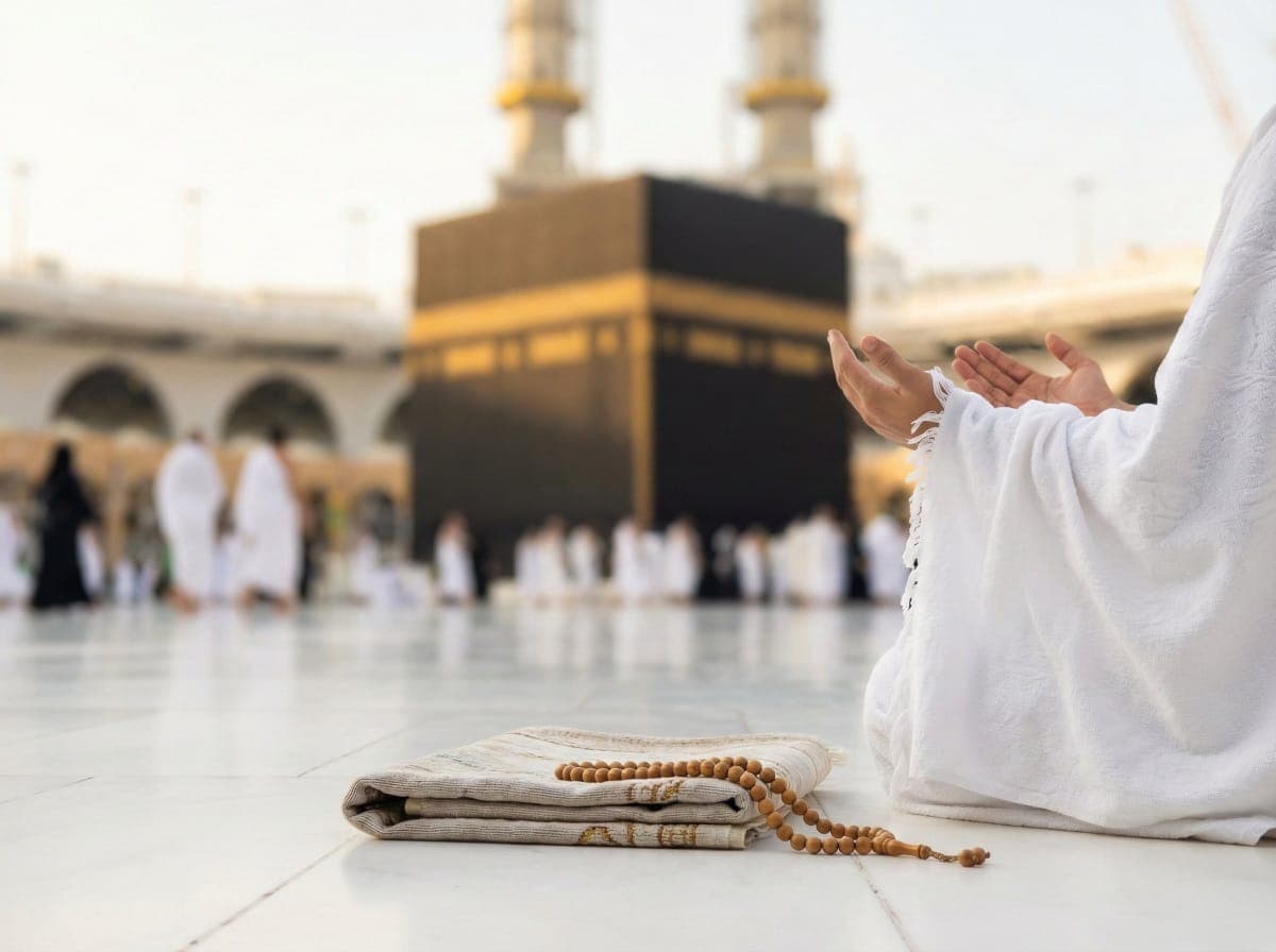 Pilgrim praying in front of the Kaaba with prayer beads